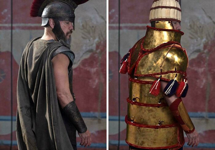Two men dressed in contrasting ancient armor showing absurd movie and TV details in historical costumes.