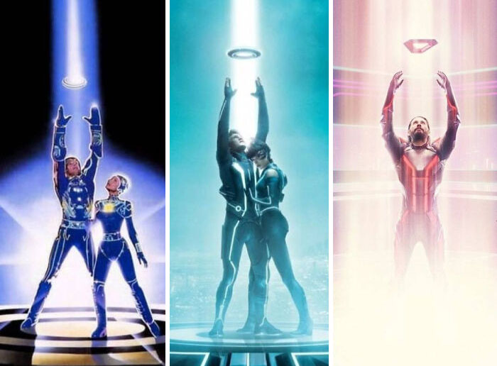 Scenes from iconic movies showing characters in futuristic suits reaching for glowing discs, illustrating absurd movie and TV details.