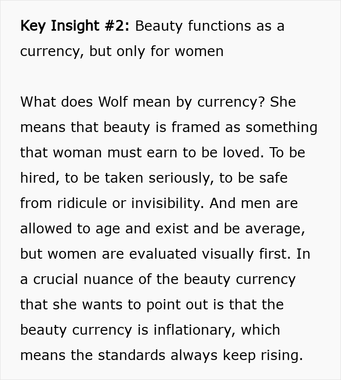 Text explaining why beauty standards don't work, focusing on how beauty functions as currency for women only. Text explaining why beauty standards don't work, focusing on how beauty functions as currency for women only.