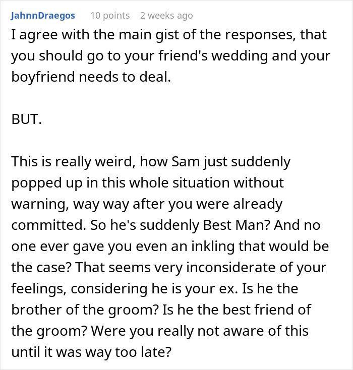 Comment discussing a man&rsquo;s reaction to his girlfriend doing maid of honor duties at a friend&rsquo;s wedding.