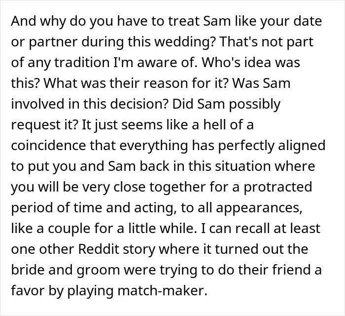 Text excerpt discussing discomfort with a man reacting negatively to his girlfriend's maid of honor duties at a friend's wedding.