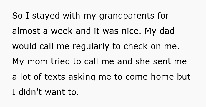 Text message describing staying with grandparents and avoiding mom&rsquo;s calls, related to bf confession younger sister trouble.