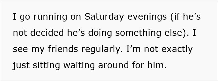 Text excerpt about a guy scheduling his fourth hobby before breakfast while partner counts minutes until he notices her existence.