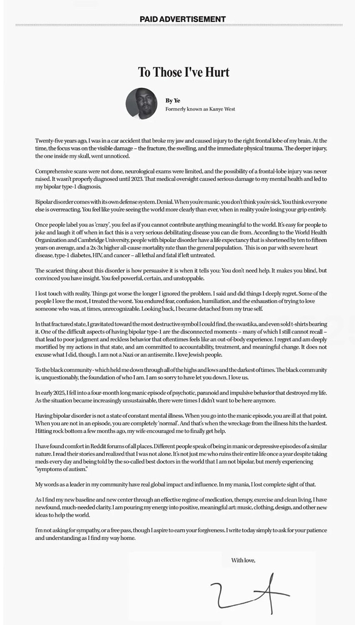 Paid advertisement letter by Ye addressing mental health and controversies related to bipolar disorder and public incidents.