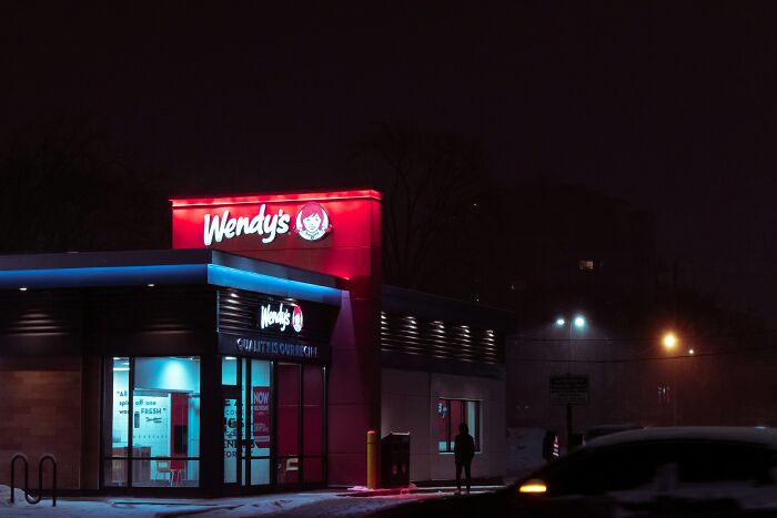 Wendy’s fast food restaurant at night, a popular spot for first dates and memorable encounters.