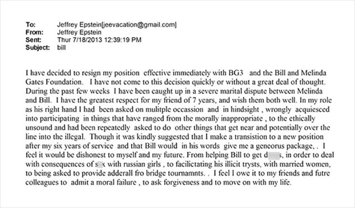 Email allegedly linked to Bill Gates and Jeffrey Epstein, highlighting Epstein's resignation from BG3 and related controversies.