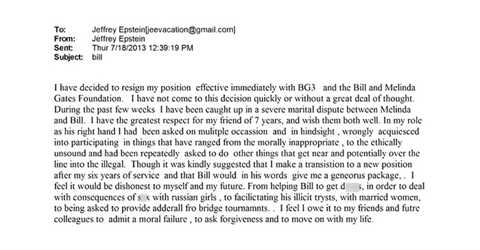 Email screenshot referencing Bill Gates and Jeffrey Epstein involving a resignation and alleged illicit activities. Email screenshot referencing Bill Gates and Jeffrey Epstein involving a resignation and alleged illicit activities.