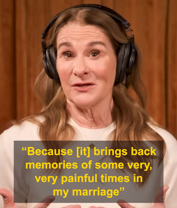 Woman wearing headphones, speaking about painful times in marriage related to Bill Gates and Epstein files controversy.
