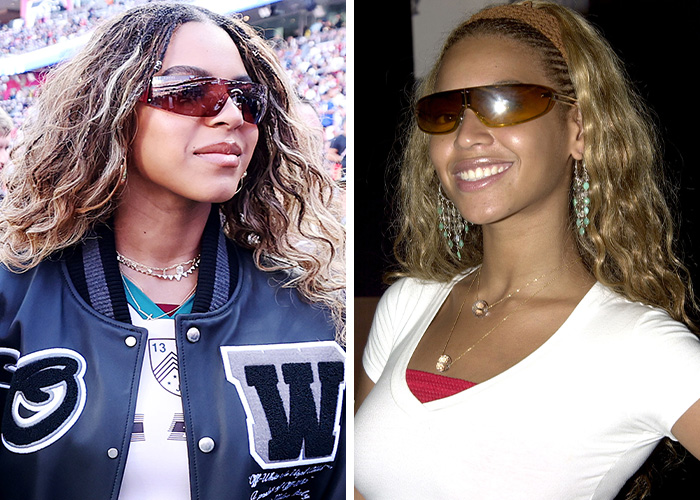 Side-by-side images of two women with wavy hair and sunglasses highlighting Blue Ivy's resemblance to mom's genetics at Super Bowl.
