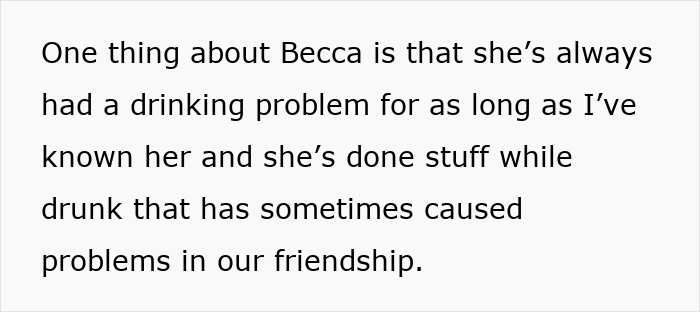 Text about Becca&rsquo;s drinking problem affecting friendship, highlighting trust issues after a cheating confession and denial.