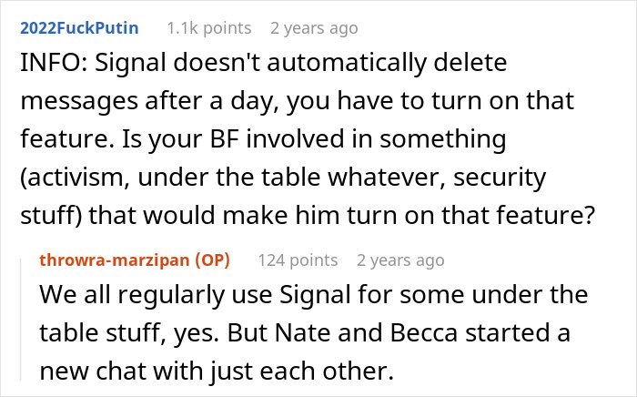 Chat conversation showing woman confused about boyfriend's denial after best friend's cheating confession.