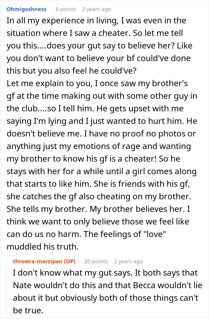 Text post showing a woman confused about whether to believe a cheating confession or her boyfriend&rsquo;s denial.