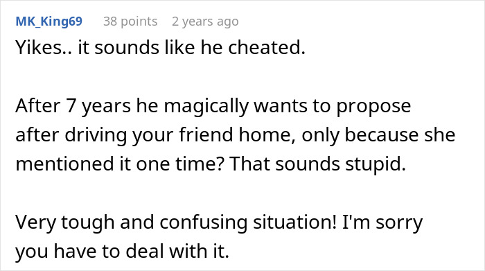 Screenshot of a comment expressing doubt about cheating, highlighting a woman&rsquo;s confusion over best friend&rsquo;s confession and boyfriend&rsquo;s denial.