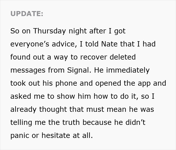 Text update discussing a woman unsure who to believe after a cheating confession and boyfriend's denial.