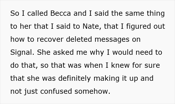 Text excerpt showing a woman unsure whom to believe after a cheating confession from her best friend but denial from her boyfriend.