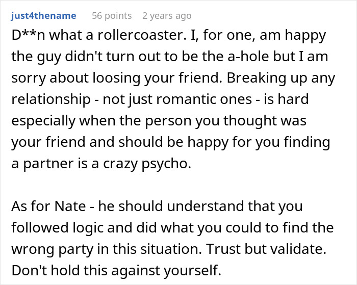 Text from a woman torn between believing her best friend&rsquo;s cheating confession or trusting her boyfriend&rsquo;s denial.