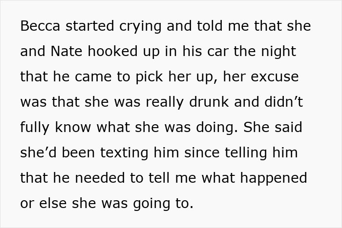 Text discussing a woman confused about believing her best friend&rsquo;s cheating confession while her boyfriend denies it.
