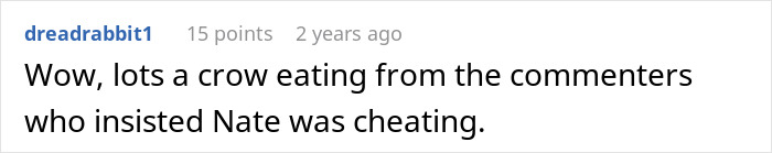 Text comment on a screen about a cheating confession causing confusion between a woman, her best friend, and her boyfriend.