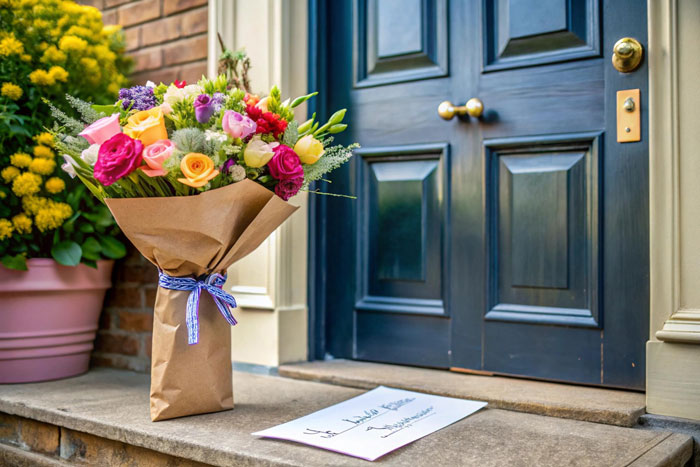 Bouquet of colorful flowers wrapped in brown paper left on doorstep with a handwritten note symbolizing a cheater breaking heart.