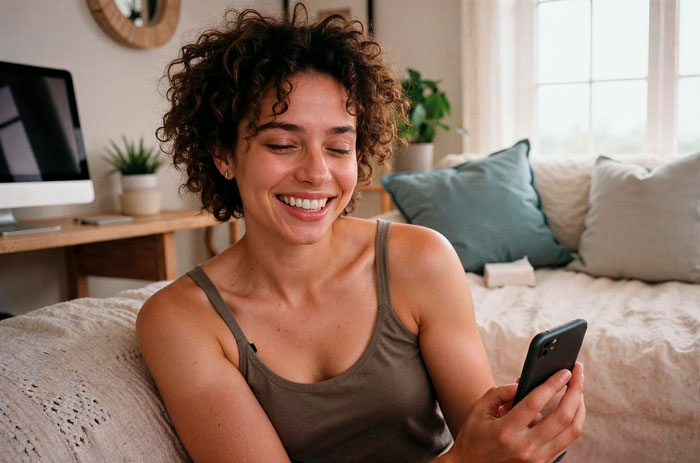 Woman with curly hair smiling at phone, representing a child-free ex laughing at cheater with 9 kids and baby mamas.