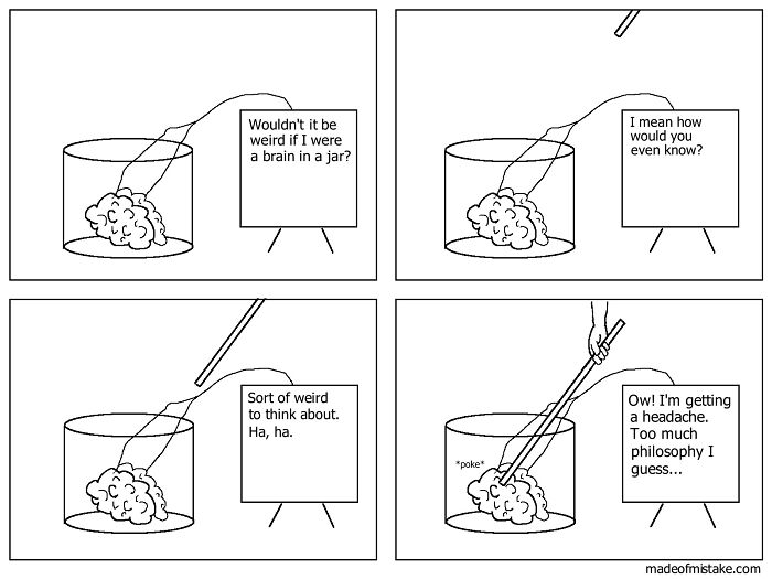 Minimalistic comic showing a brain in a jar pondering strange everyday observations with simple black line drawings.