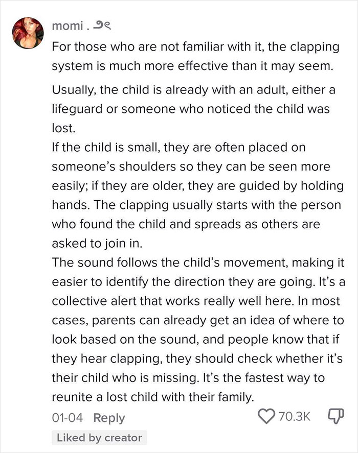 Text explaining an effective clapping system to help quickly identify and reunite lost children with their families.