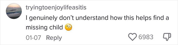 Social media comment expressing confusion about an effective way to deal with lost children shown in a viral post.