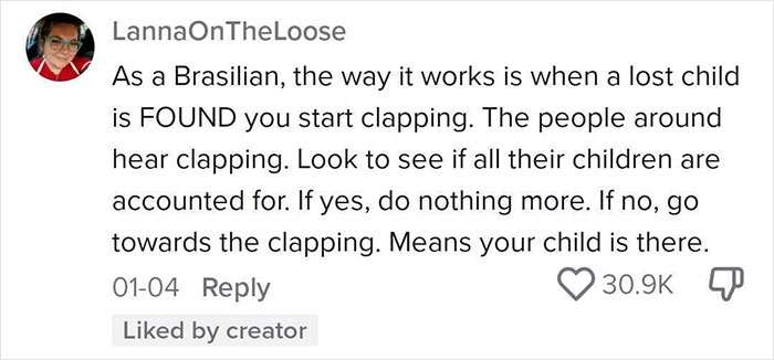 Comment explaining an effective way to deal with lost children by clapping to locate them quickly.