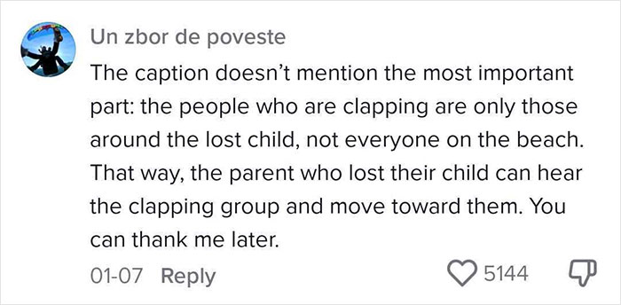 Comment explaining an effective way to deal with lost children by using clapping to guide the parent toward the child.