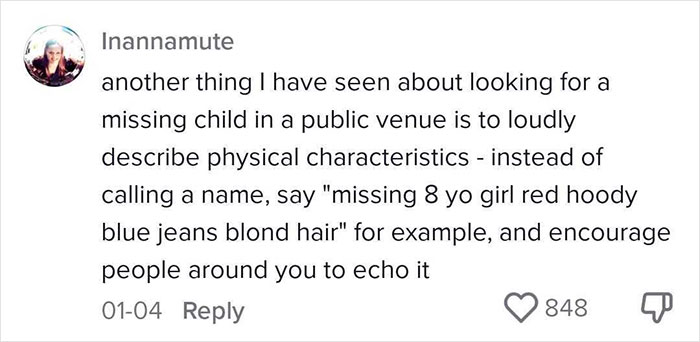 Screenshot of a social media comment explaining an effective way to deal with lost children by describing their physical characteristics loudly.