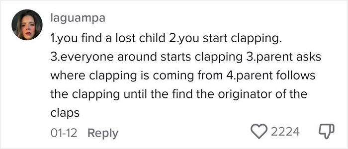 Social media post explaining an effective way to deal with lost children by starting a clapping chain reaction.