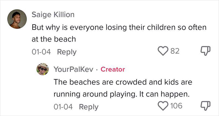 Screenshot of a social media conversation about dealing with lost children at crowded beaches, highlighting concerns and explanations.
