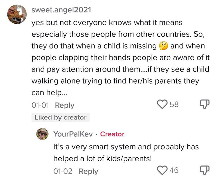 Comment explaining an effective way to deal with lost children by clapping to alert people nearby.