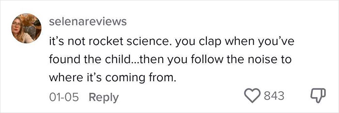 Social media comment explaining an effective way to deal with lost children by clapping to locate them.