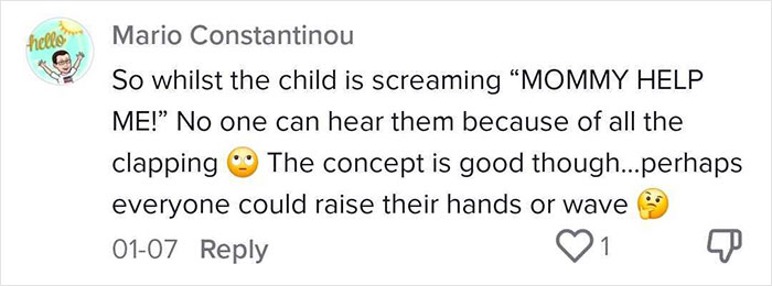 Comment discussing an effective way to deal with lost children amid distracting clapping, suggesting raising hands or waving instead.