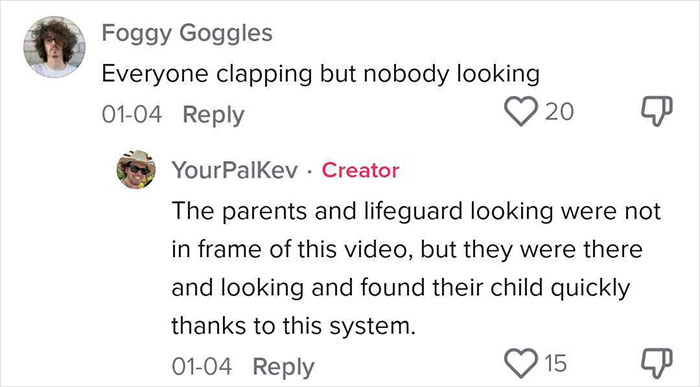 Comments discussing an effective way to deal with lost children, involving parents and lifeguards quickly finding a child.