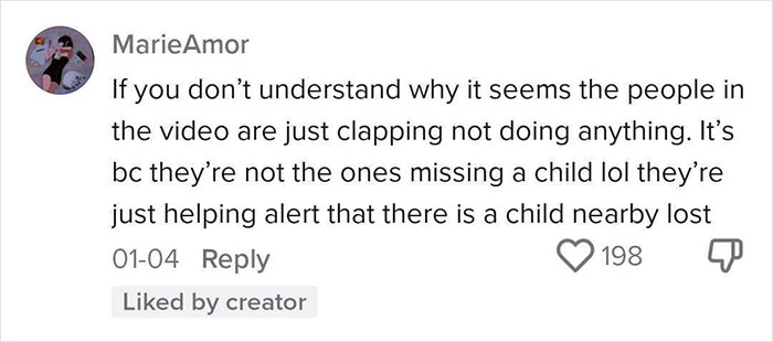 Screenshot of a comment explaining an effective way to deal with lost children by clapping to alert others nearby.