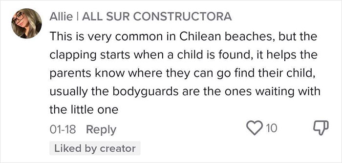 Comment explaining a common Chilean beach practice of clapping to help parents find lost children with bodyguards nearby.