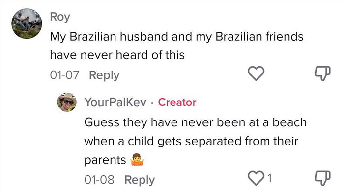 Screenshot of a social media comment thread discussing an effective way to deal with lost children at the beach.