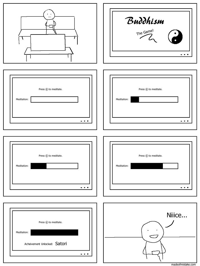 Minimalistic comic panels showing a character gaining meditation progress and unlocking a Satori achievement.