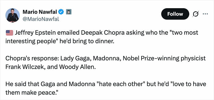 Tweet revealing Jeffrey Epstein&rsquo;s email mentioning Lady Gaga amid Grammy performance sparking chatter about Epstein ties.