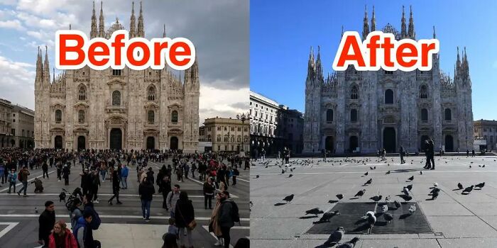Crowded and empty city square before and after, illustrating a funny and harmless conspiracy theory mood shift.