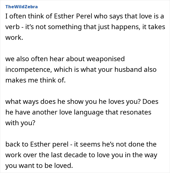Screenshot of a text discussing husband lack consideration thoughtfulness and love as an active effort over time. Screenshot of a text discussing husband lack consideration thoughtfulness and love as an active effort over time.
