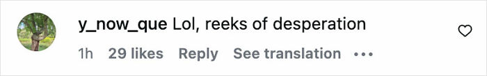 Instagram comment screenshot showing user y_now_que reacting with "Lol, reeks of desperation" to Chappell Roan&rsquo;s Grammys outfit controversy.