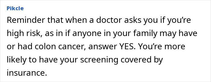 Text snippet about colorectal cancer symptoms awareness and importance of family history for screening coverage by insurance.