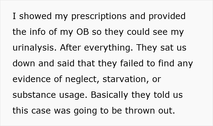 Text excerpt showing new parents explaining how CPS found no evidence after false accusations possibly caused by MIL's interference. Text excerpt showing new parents explaining how CPS found no evidence after false accusations possibly caused by MIL's interference.