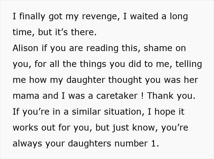Text message expressing a daughter's long-awaited revenge involving family dynamics and a proud mom's support.