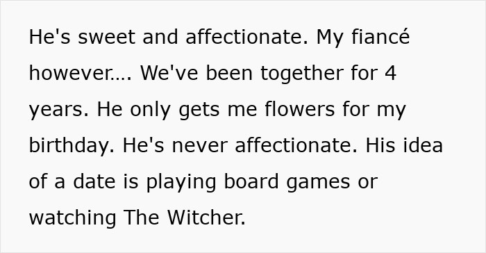 Text with woman leave fiance over boyfriend theme describing a woman comparing affectionate boyfriend with distant fianc&eacute; in a candid note.