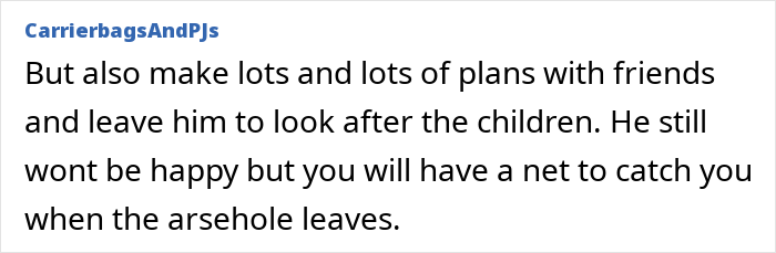 Text excerpt about wife sacrificing social life and feeling crushed after husband calls her boring while balancing family and work.