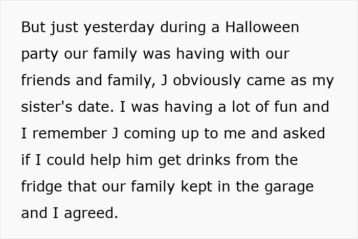 Confession about boyfriend causing younger sister trouble during a family Halloween party with friends and relatives.